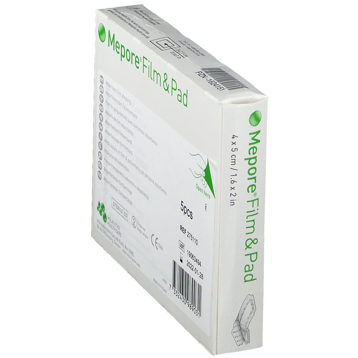Schuine weergave van de verpakking van Mepore Film & Pad. Naam, grootte en aantal zichtbaar.