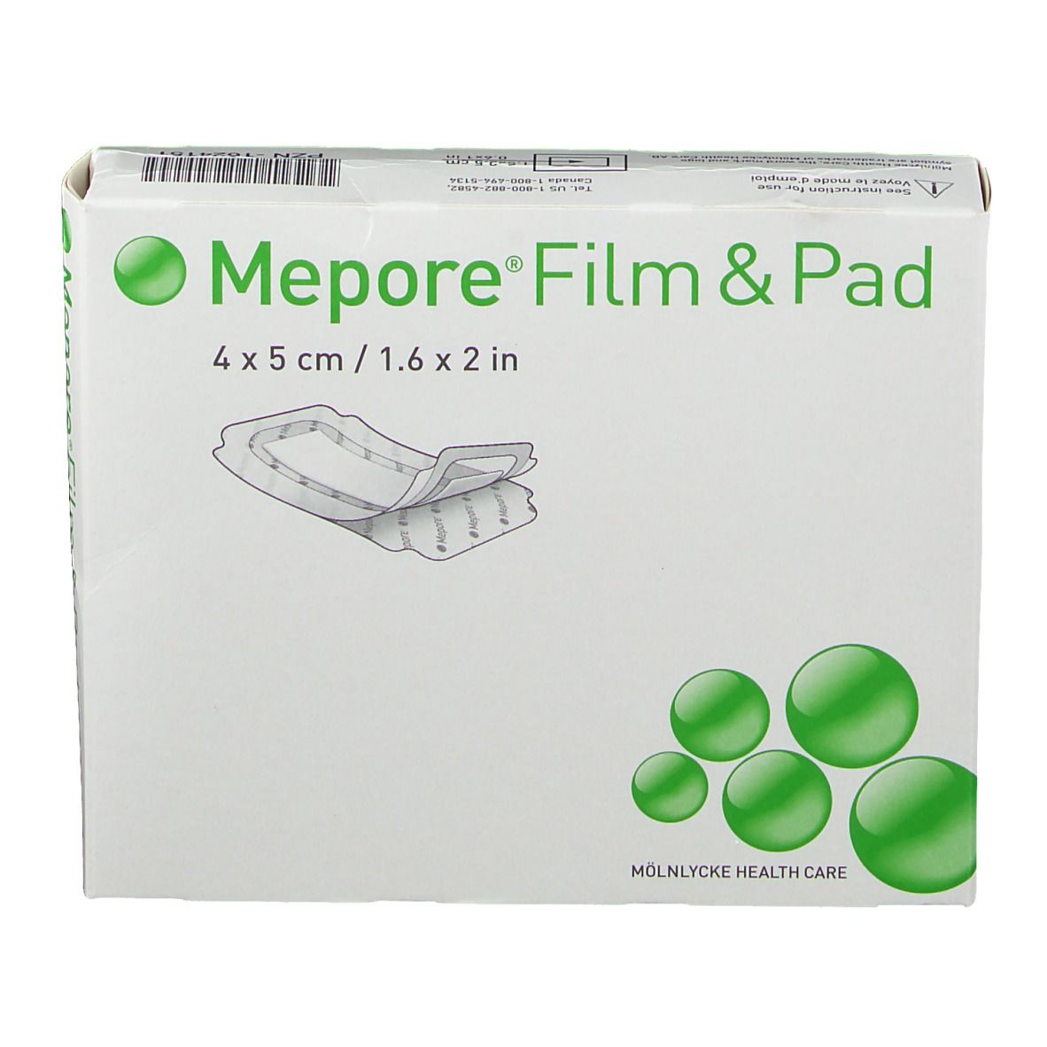 Verpakking van Mepore Film & Pad, 4 x 5 cm. Productafbeelding en groene logo's.