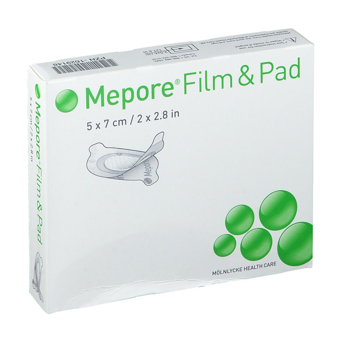 Boîte de Mepore Film & Pad, 5 x 7 cm. Illustration du produit sur l'emballage.
