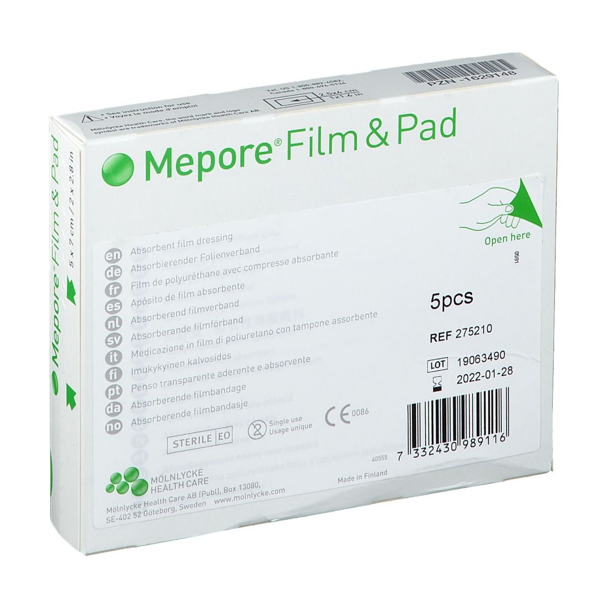 Dos de la boîte Mepore Film & Pad. Contient 5 pièces. Informations produit et numéro de lot.