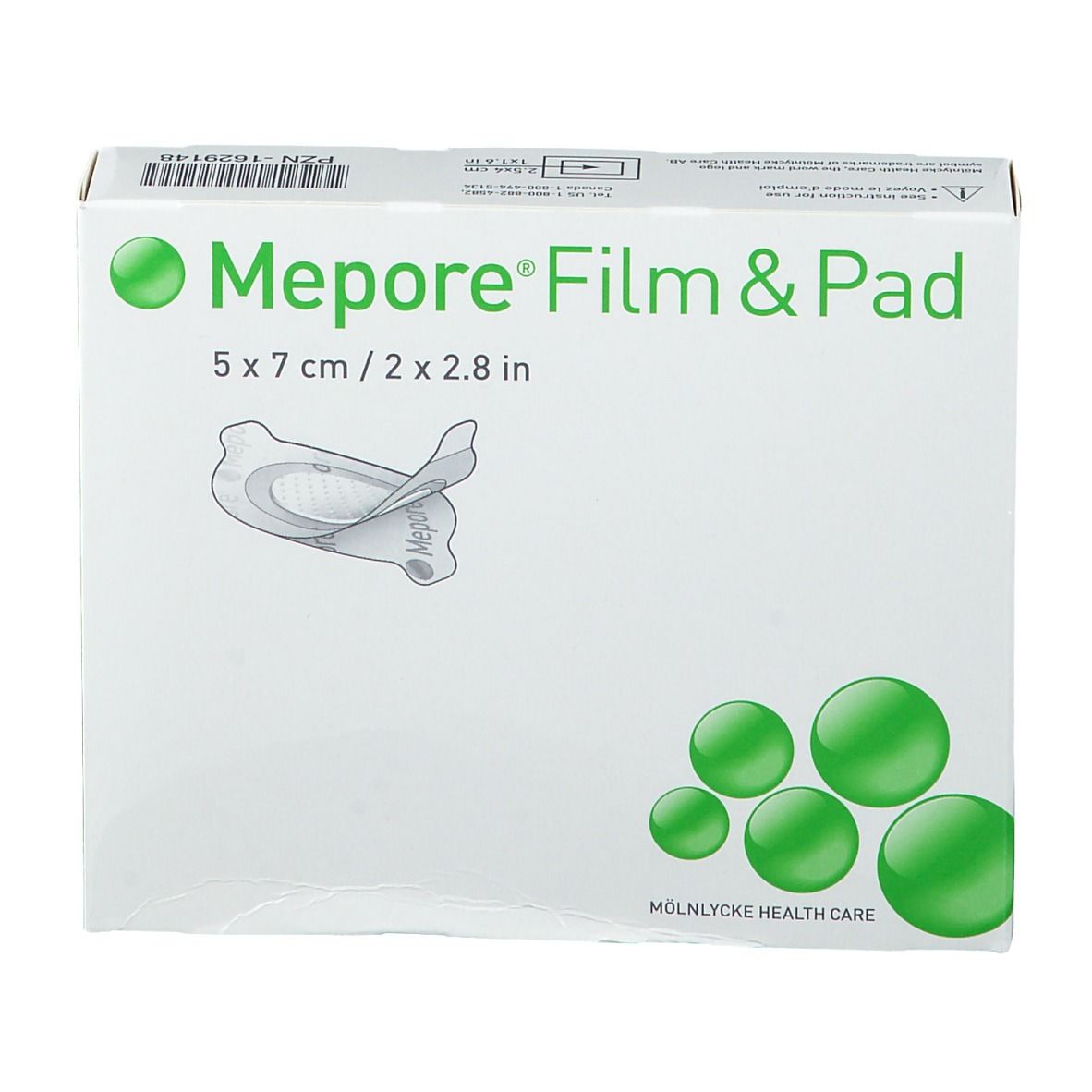 Face avant de la boîte Mepore Film & Pad, 5 x 7 cm. Exemple de produit et points verts.