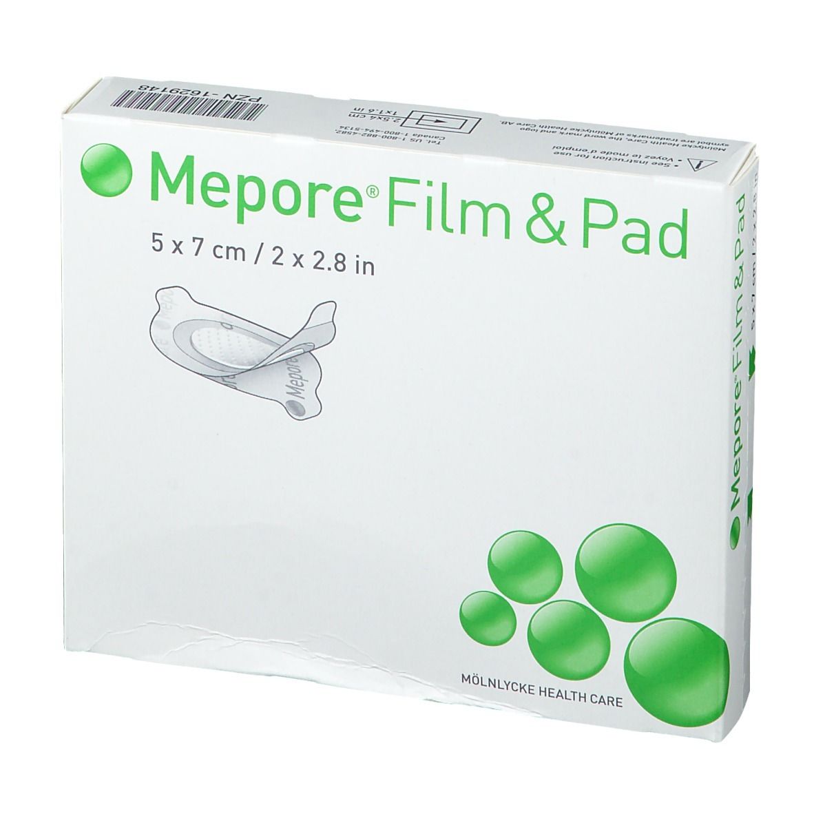 Face avant de la boîte Mepore Film & Pad, 5 x 7 cm. Exemple de produit et points verts.
