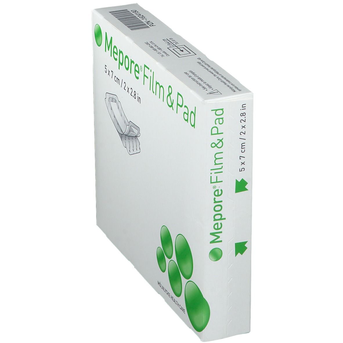 Vue oblique de l'emballage Mepore® Film & Pad. Nom du produit et cercles verts sur fond blanc.