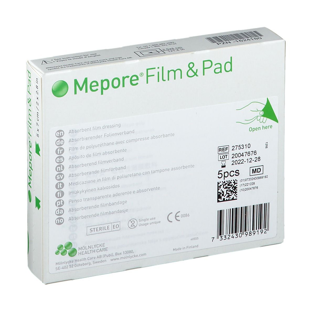 Dos de l'emballage Mepore® Film & Pad. Informations produit, numéro de lot et code-barres.