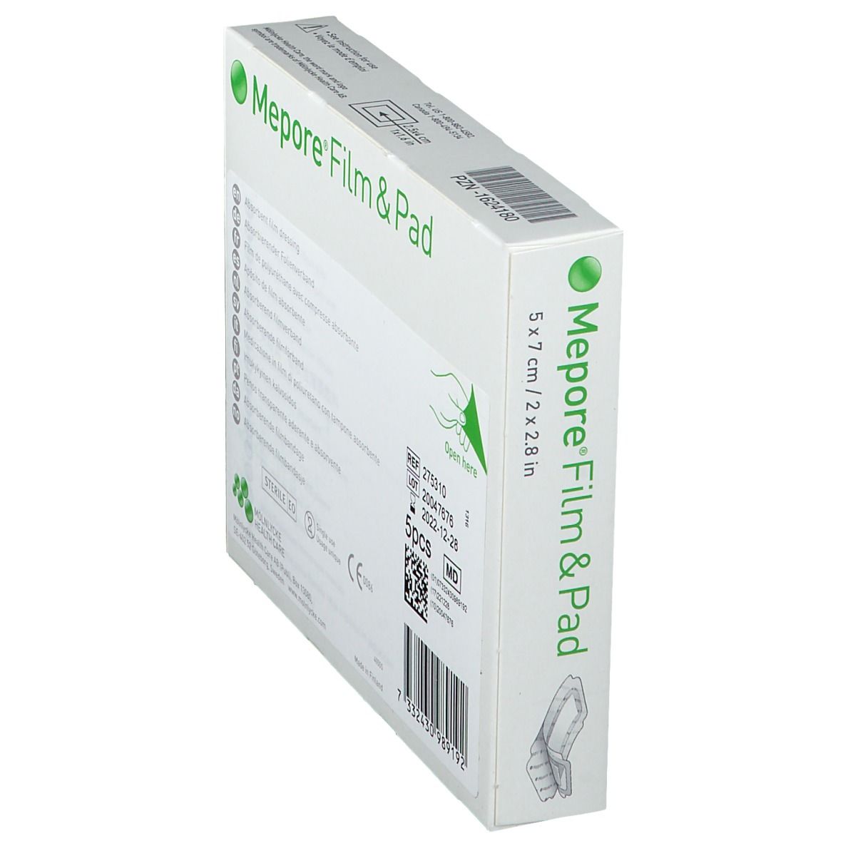 Vue oblique de l'emballage Mepore® Film & Pad. Nom, taille et informations.