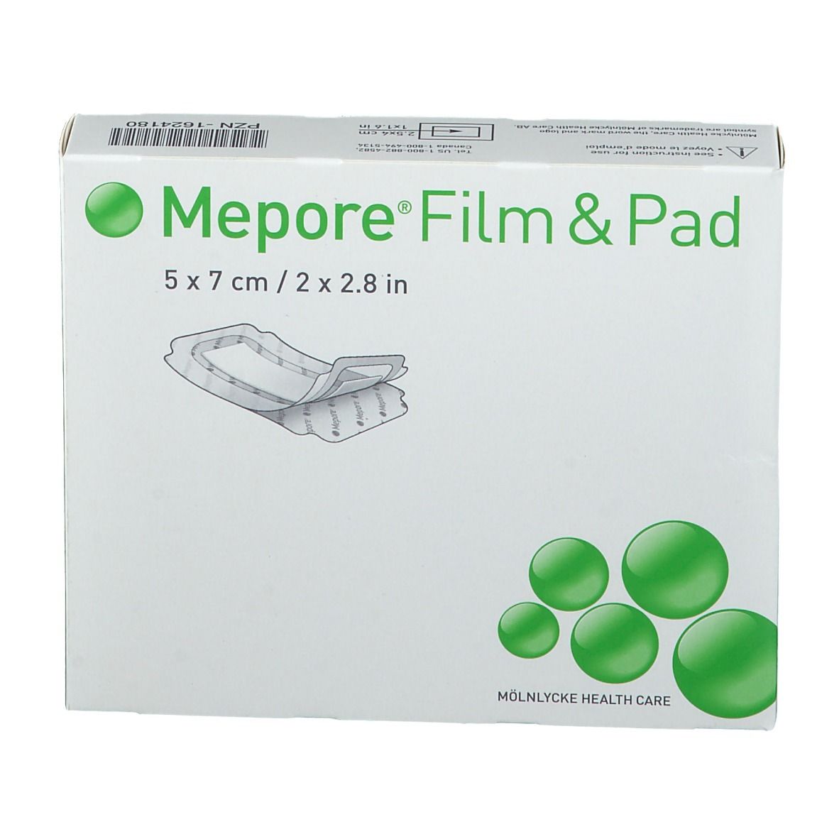 Emballage Mepore® Film & Pad. Nom, taille 5 x 7 cm et illustration du produit.