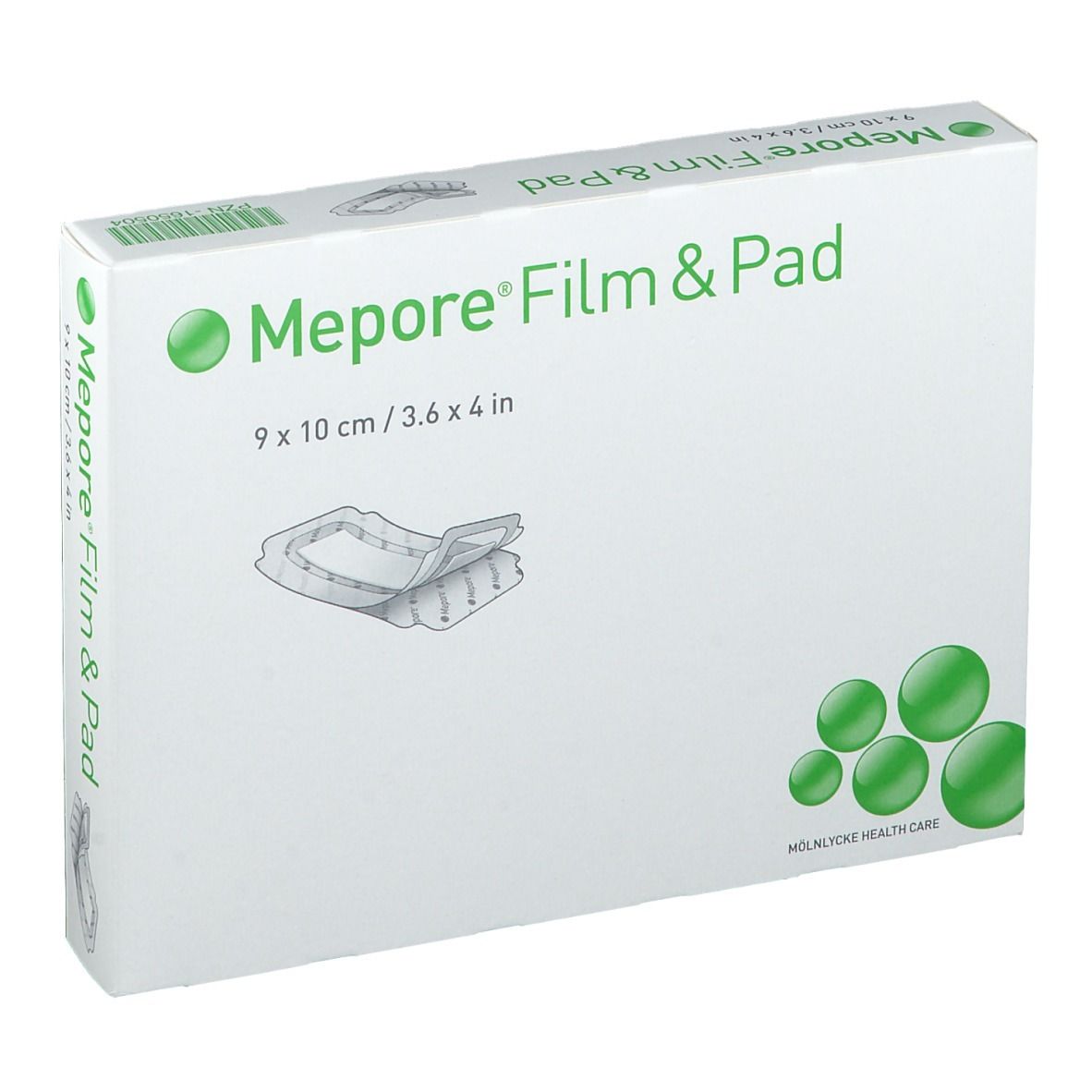 Verpakking van Mepore® Film & Pad, 9 x 10 cm. Witte doos met groen logo en productafbeelding.