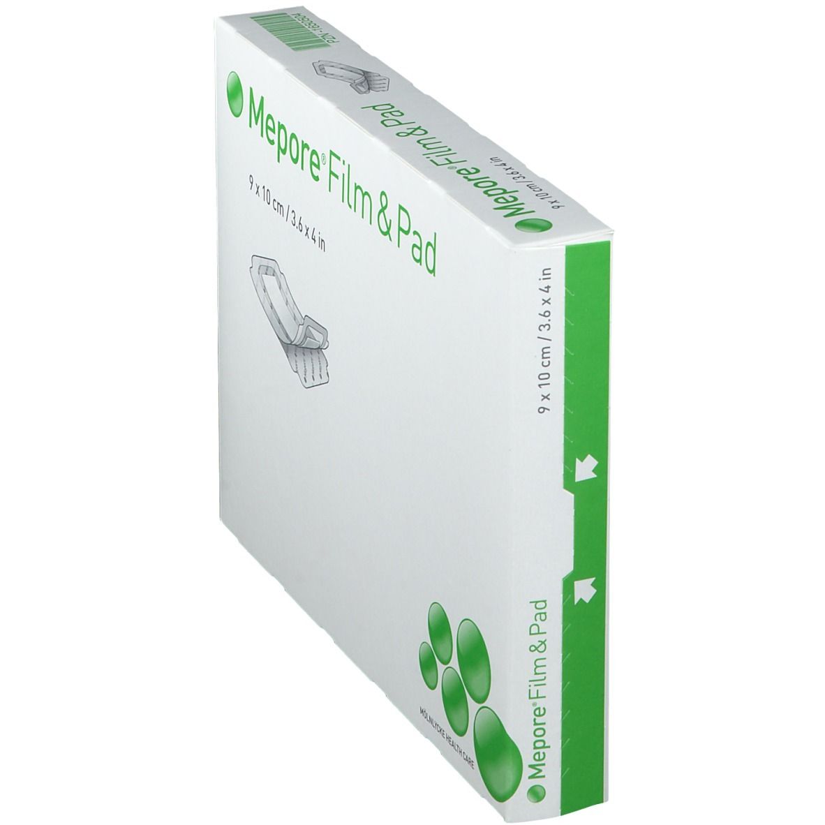 Mepore® Film & Pad verpakking, 9 x 10 cm. Witte doos met groen logo en afbeelding, schuin.
