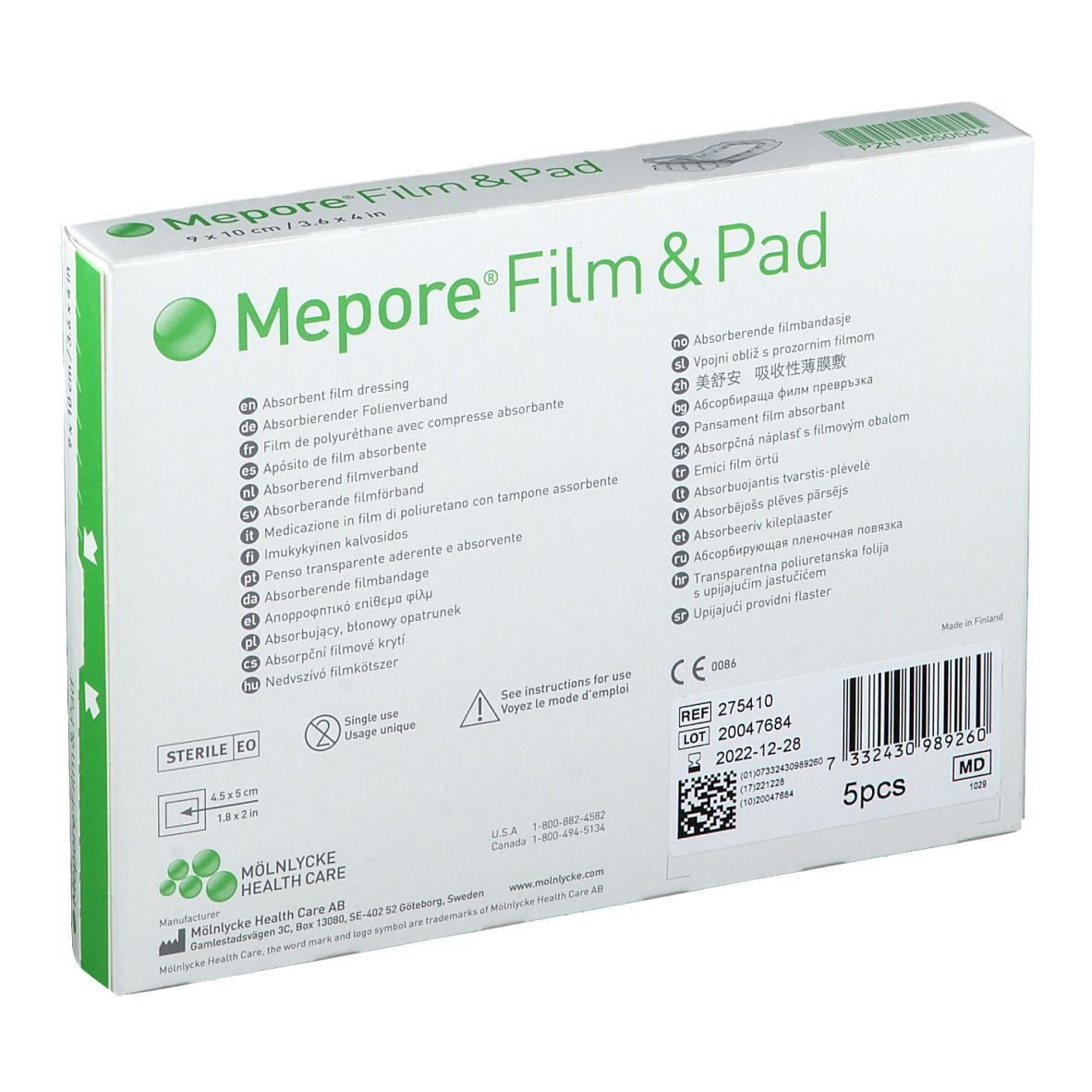 Achterkant van de Mepore® Film & Pad verpakking, 9 x 10 cm. Bevat productinformatie en certificeringen.