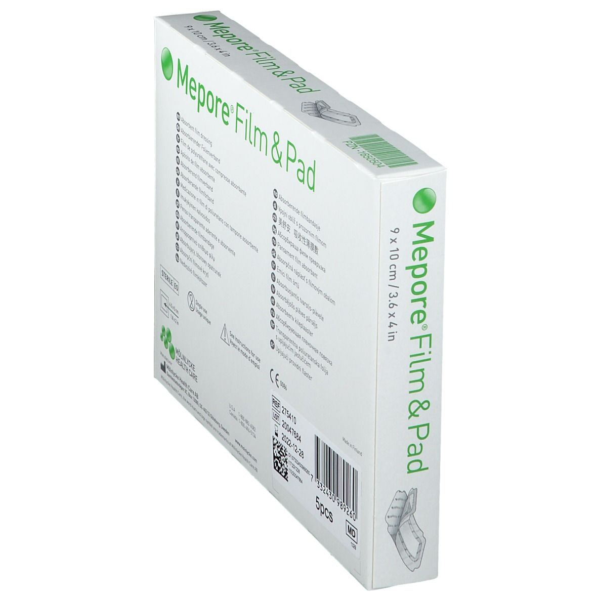 Mepore® Film & Pad verpakking, 9 x 10 cm. Witte doos met groen logo en informatie, schuin.