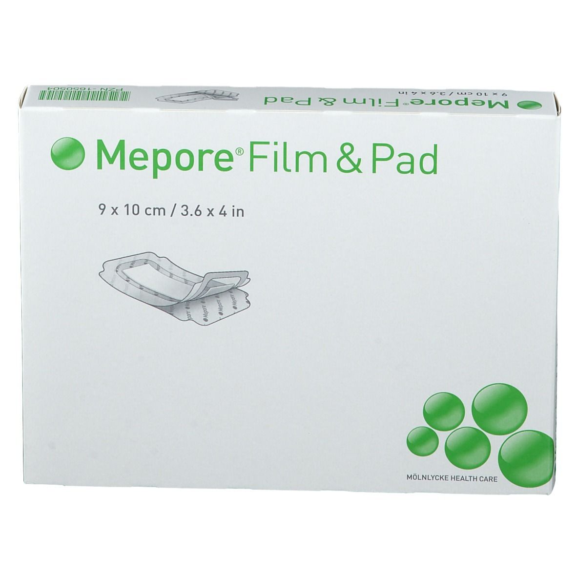Verpakking van Mepore® Film & Pad, 9 x 10 cm. Witte doos met groen logo en productafbeelding.
