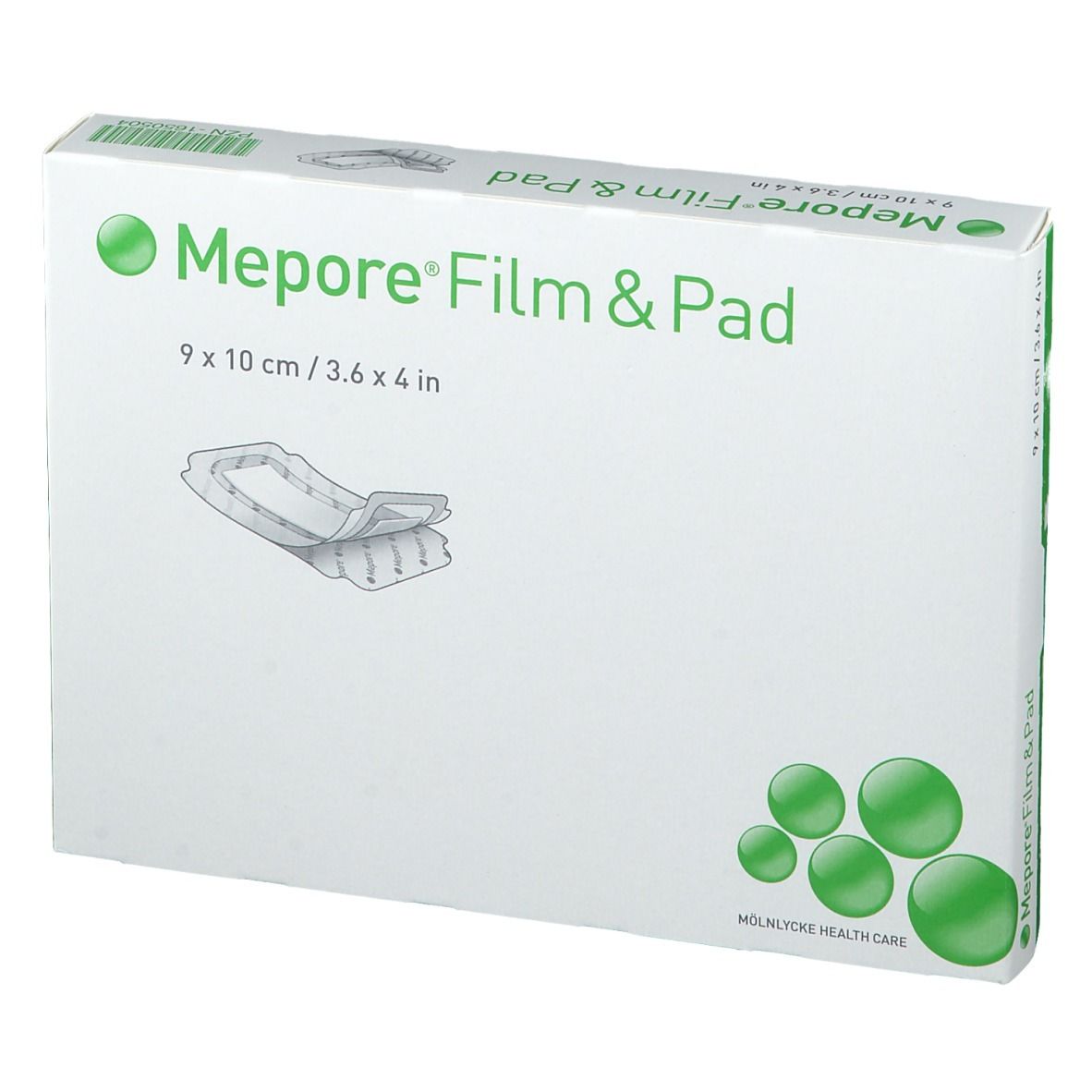 Verpakking van Mepore® Film & Pad, 9 x 10 cm. Witte doos met groen logo en productafbeelding.