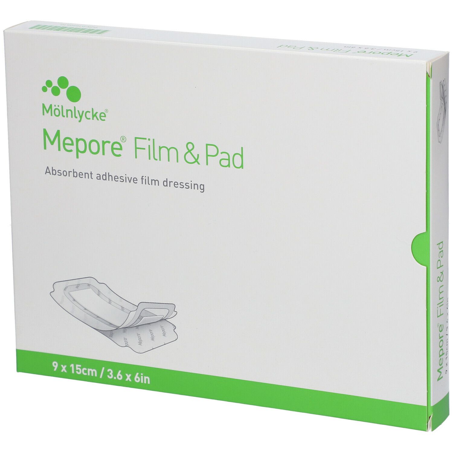 Emballage Mepore Film & Pad. Dimensions : 9 x 15 cm. Inscription : Pansement adhésif absorbant.