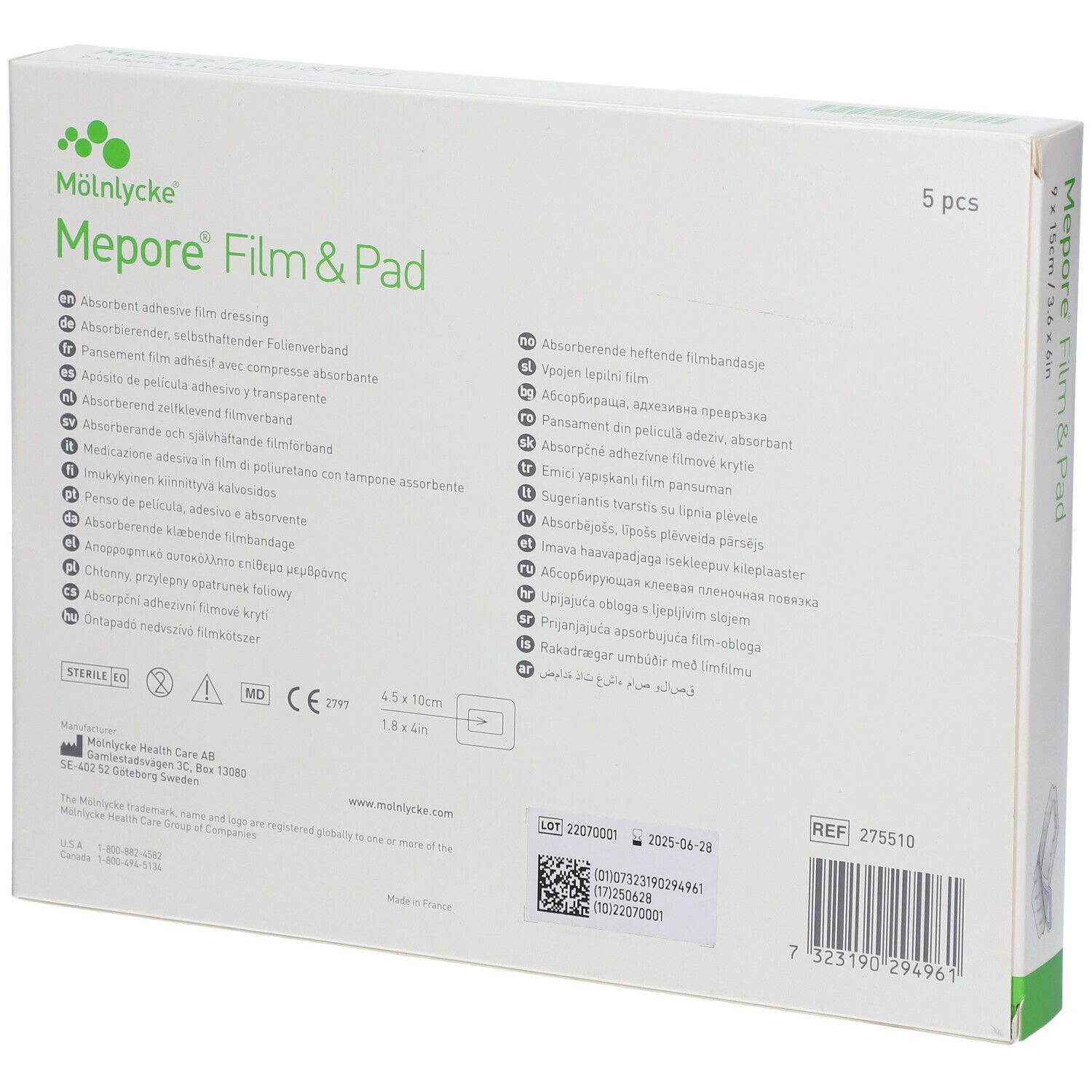 Dos de l'emballage Mepore Film & Pad. Contient des informations et certifications. Dimensions : 9 x 15 cm.