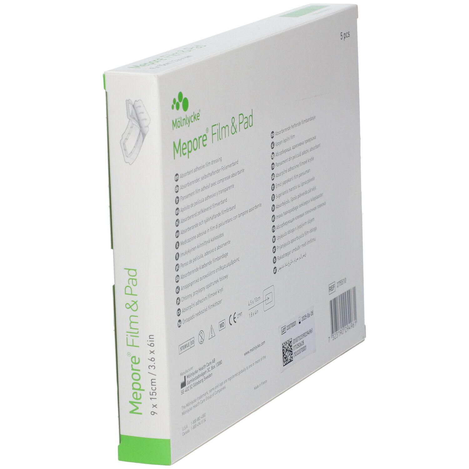 Dos de l'emballage Mepore Film & Pad. Contient des informations et certifications. Dimensions : 9 x 15 cm.