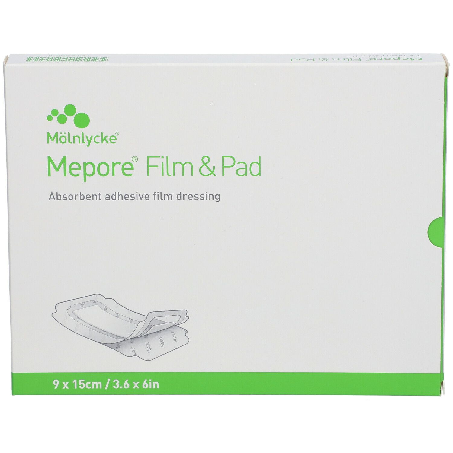 Emballage Mepore Film & Pad. Dimensions : 9 x 15 cm. Inscription : Pansement adhésif absorbant.