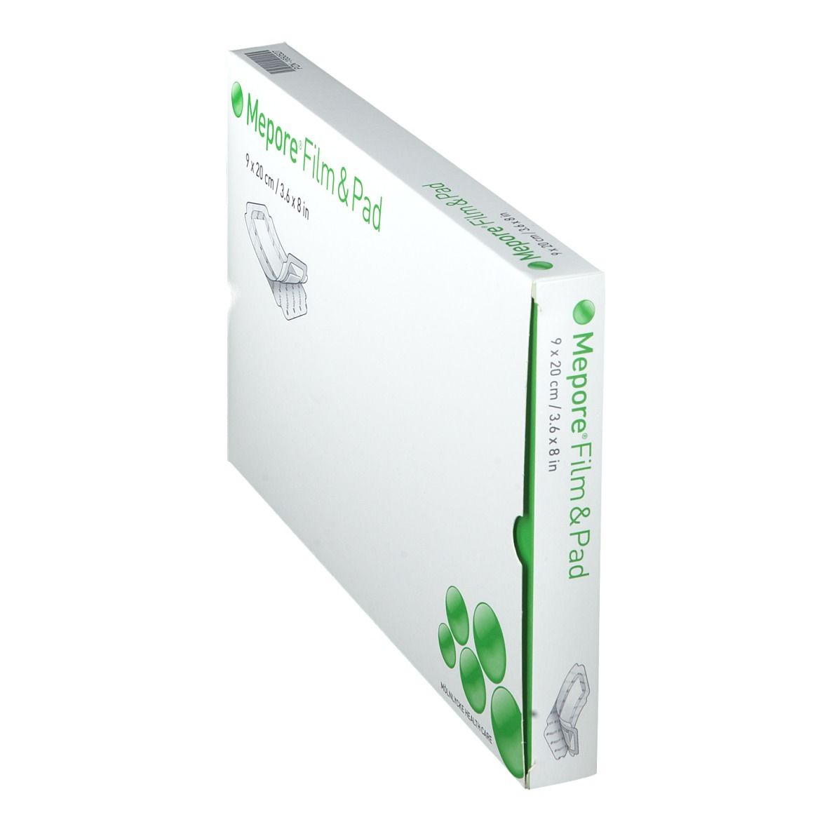 Vue en biais de l'emballage Mepore Film&Pad. Nom du produit et dimensions sur carton blanc.