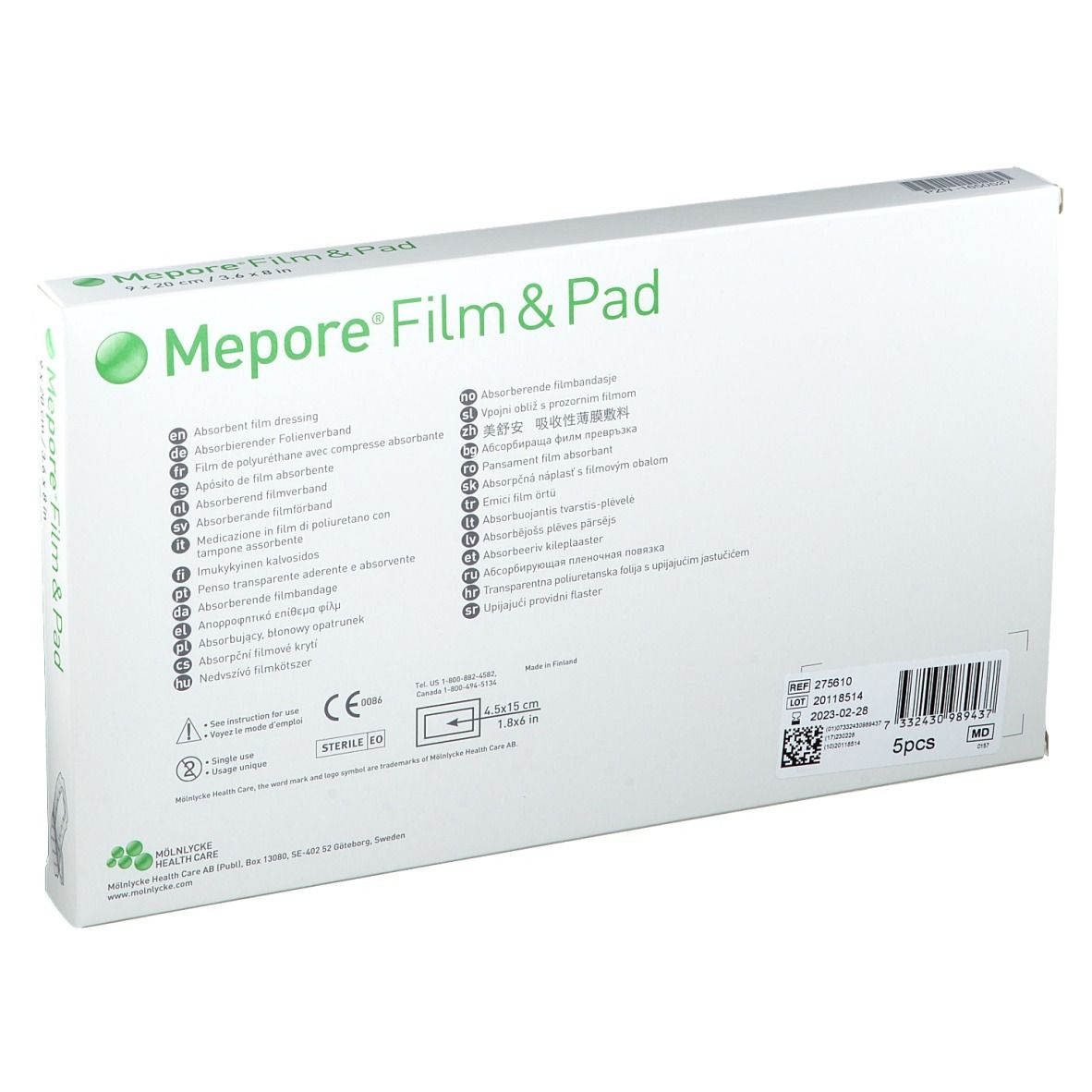 Dos de l'emballage Mepore Film&Pad. Informations produit, certifications et numéro de lot.