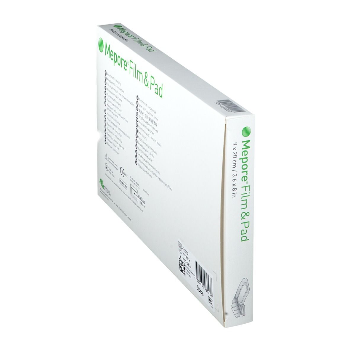Vue en biais du dos de l'emballage Mepore Film&Pad. Informations produit et certifications.