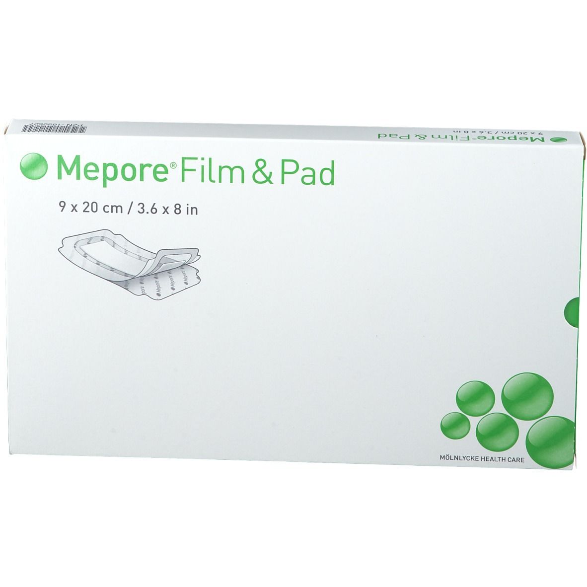 Emballage Mepore Film&Pad. Nom du produit et dimensions sur carton blanc. Illustration du produit.