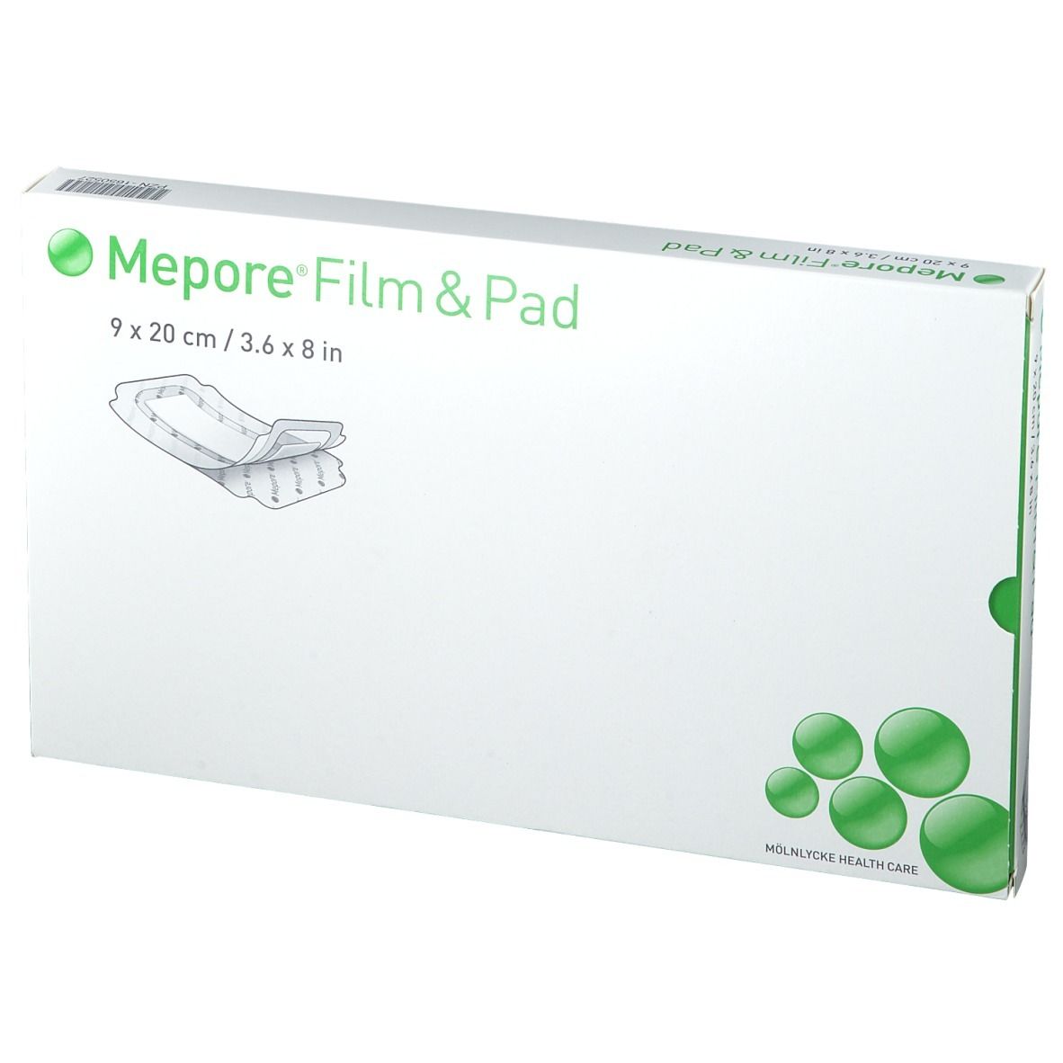 Emballage Mepore Film&Pad. Nom du produit et dimensions sur carton blanc. Illustration du produit.