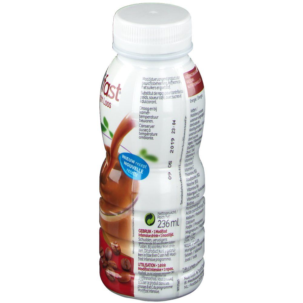 Witte en bruine fles met witte dop. Opschrift en voedingswaarde-informatie. 236 ml.