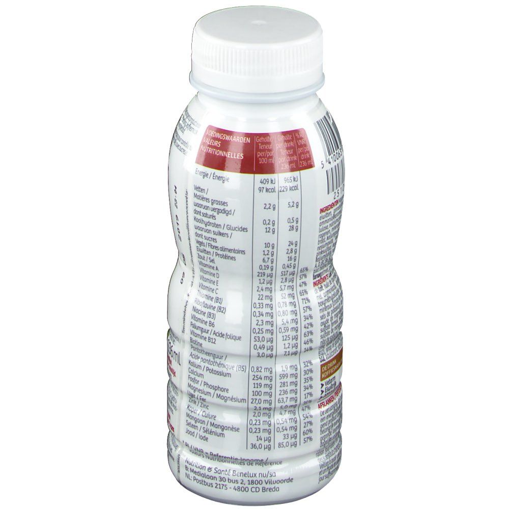 Witte en bruine fles met witte dop. Voedingswaarde-informatie op de achterkant.