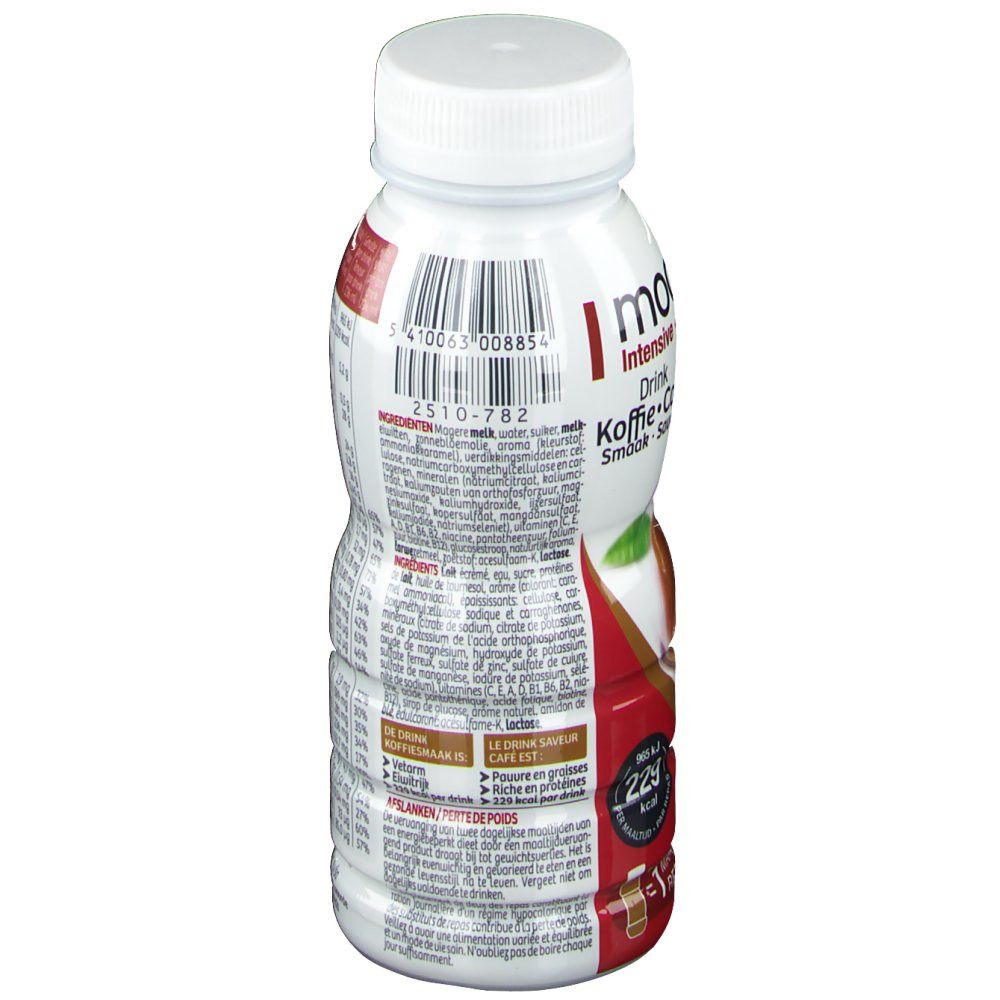 Witte en bruine fles met witte dop. Productnaam en ingrediëntenlijst. Barcode.