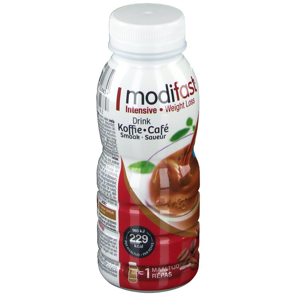 Witte en bruine fles met witte dop. Productnaam en koffie-illustratie. 229 kcal.