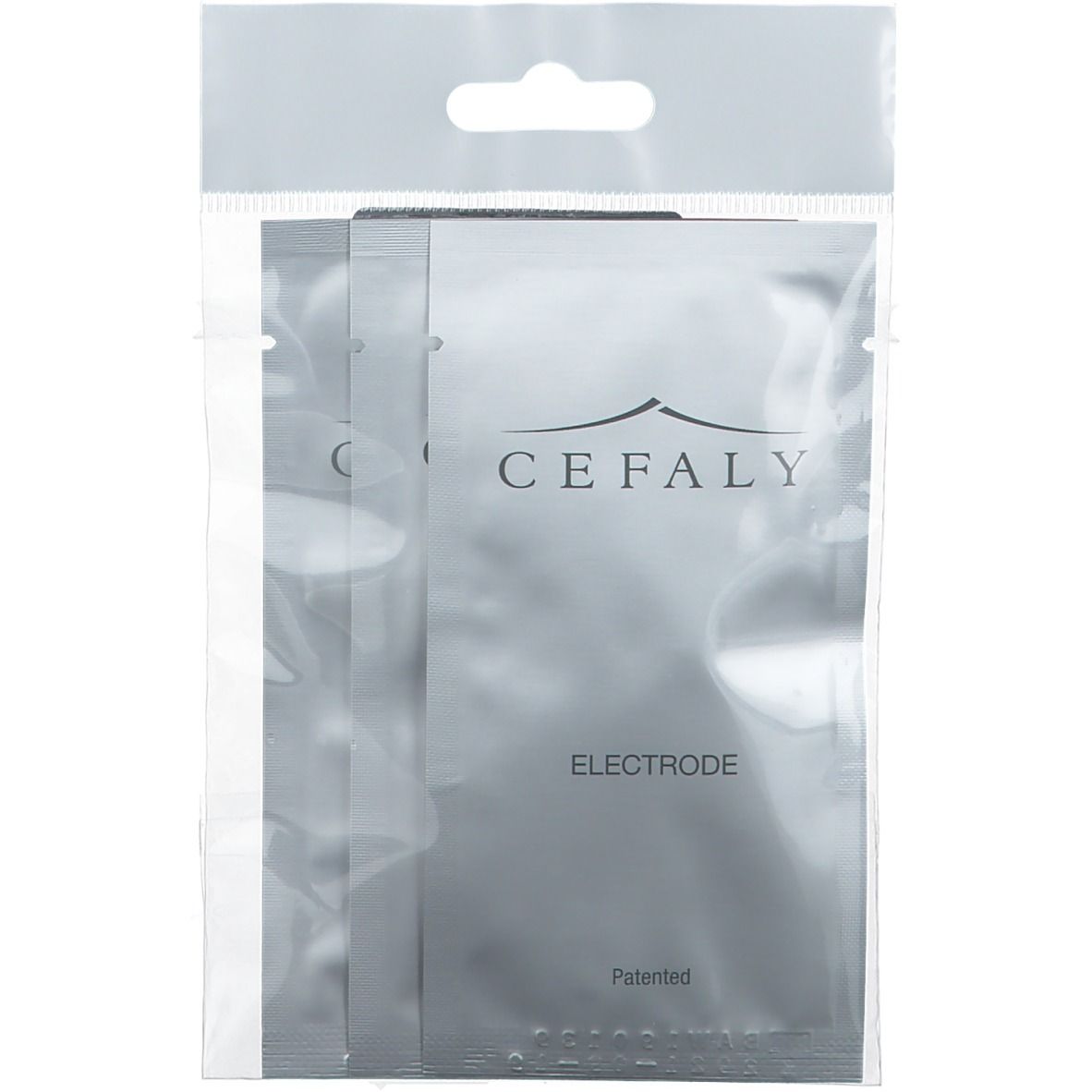 CEFALY Elektroden in Folienverpackung. Silberfarbene Elektroden mit Aufdruck 'CEFALY ELECTRODE'.