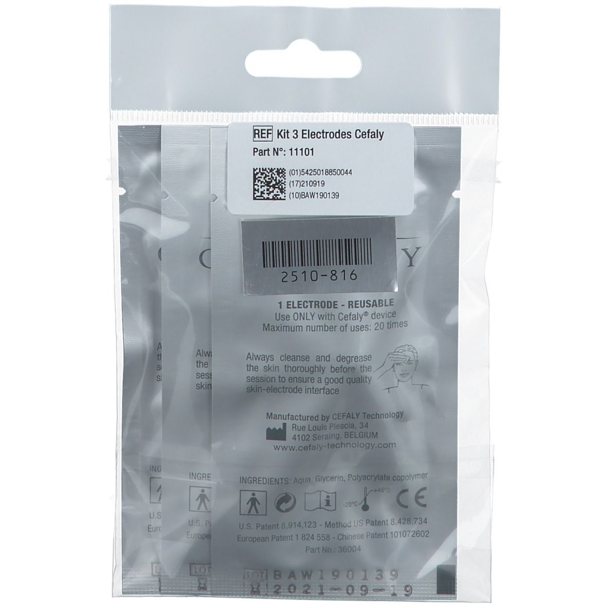 CEFALY Elektroden-Kit in Folienverpackung. Enthält Elektroden und Etikett mit Produktinformationen.