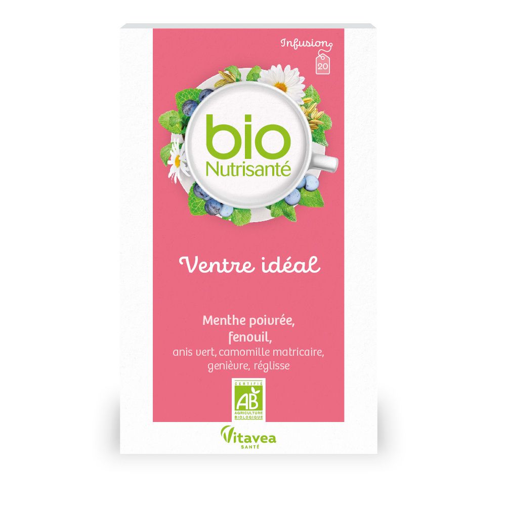 Boîte d'Infusion Bio Ventre Plat. Emballage rose et blanc avec logo, ingrédients et certification AB.