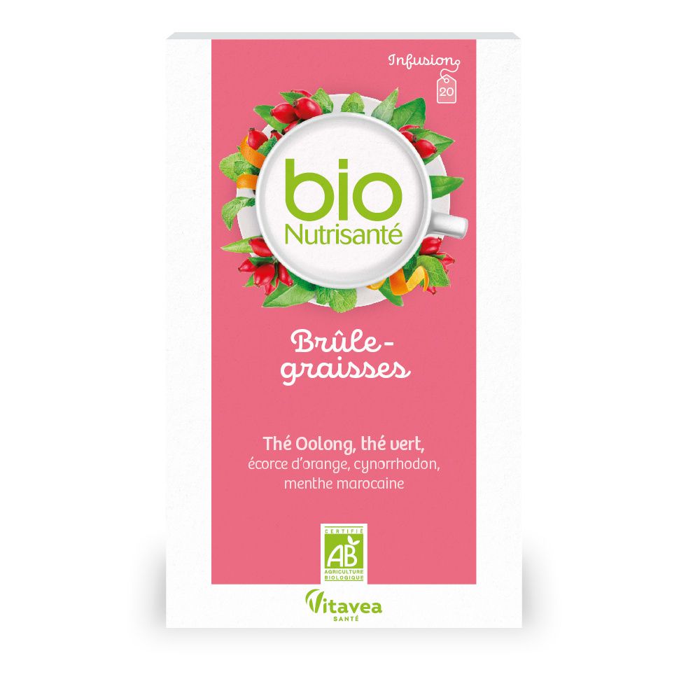 Emballage de thé Nutrisanté Bio Brûle-graisses. Design rose et blanc avec logo et ingrédients. Label AB Bio.