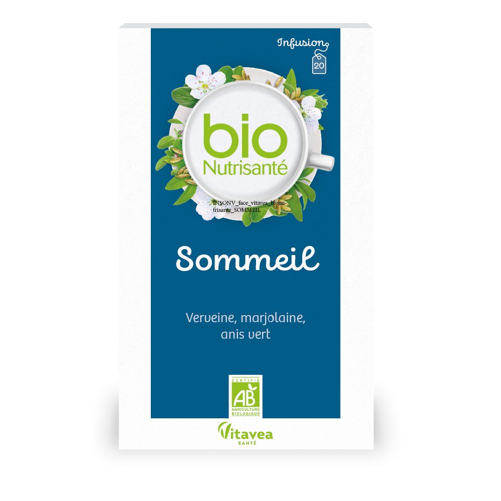 Boîte de sachets de thé. Inscription: Bio Nutrisanté, Sommeil. Certification AB.