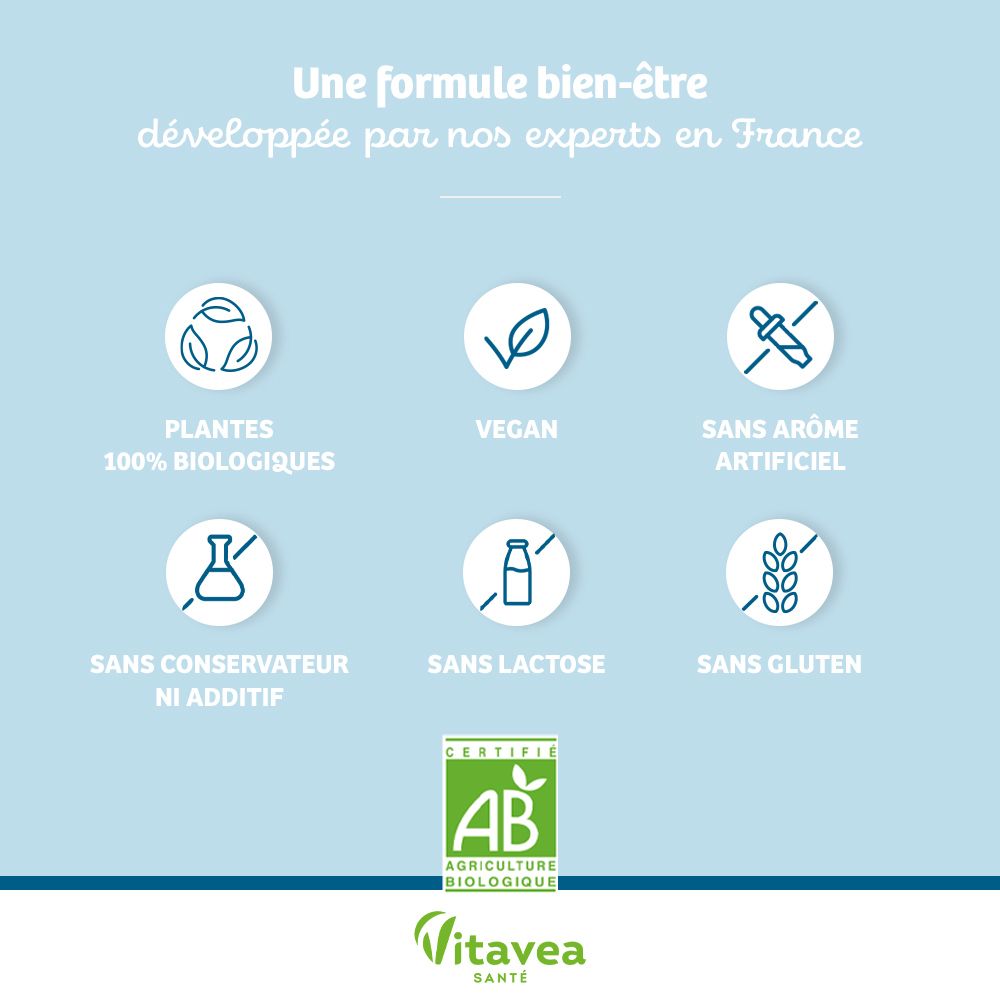 Graphique avec symboles: 100% biologique, vegan, sans arôme artificiel, sans conservateur, sans lactose, sans gluten.