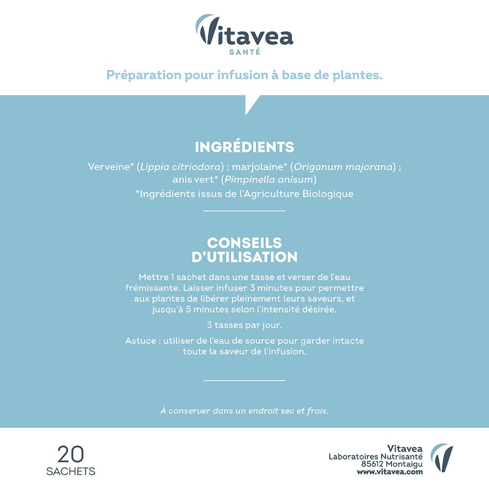 Liste des ingrédients: Verveine, Marjolaine, Anis Vert. Conseils d'utilisation. 20 sachets.