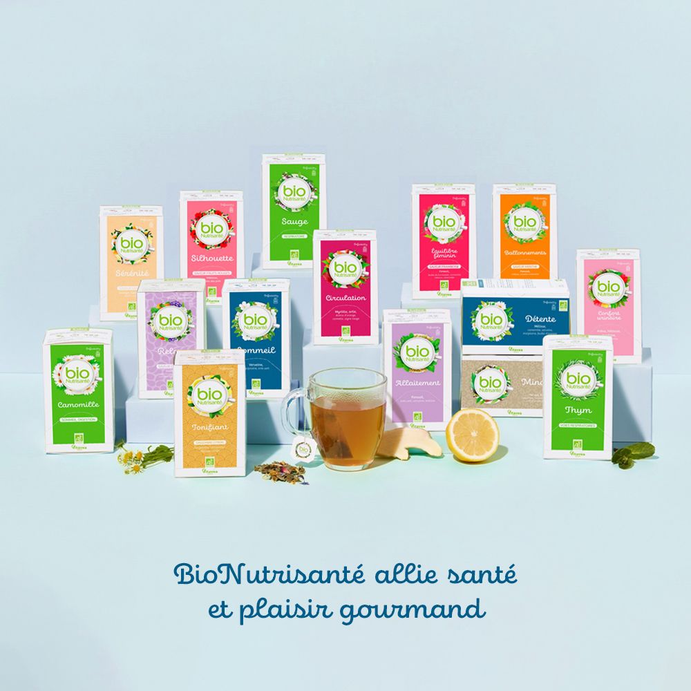 Divers sachets de thé. Inscription: Bio Nutrisanté. Texte: BioNutrisanté allie santé et plaisir gourmand.