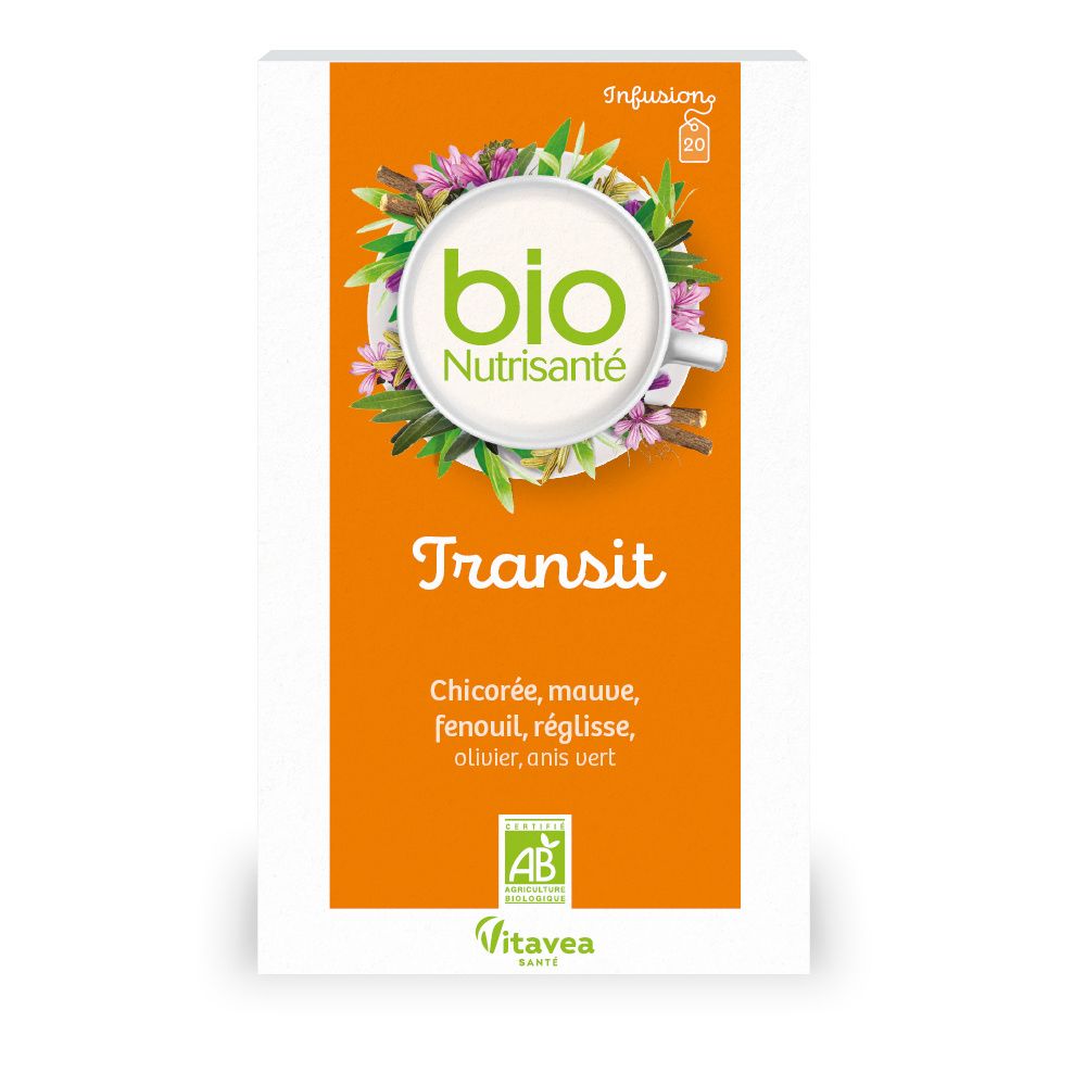 Boîte de Nutrisanté Infusion Bio Transit. Fond orange, nom du produit et ingrédients. Certification AB visible.