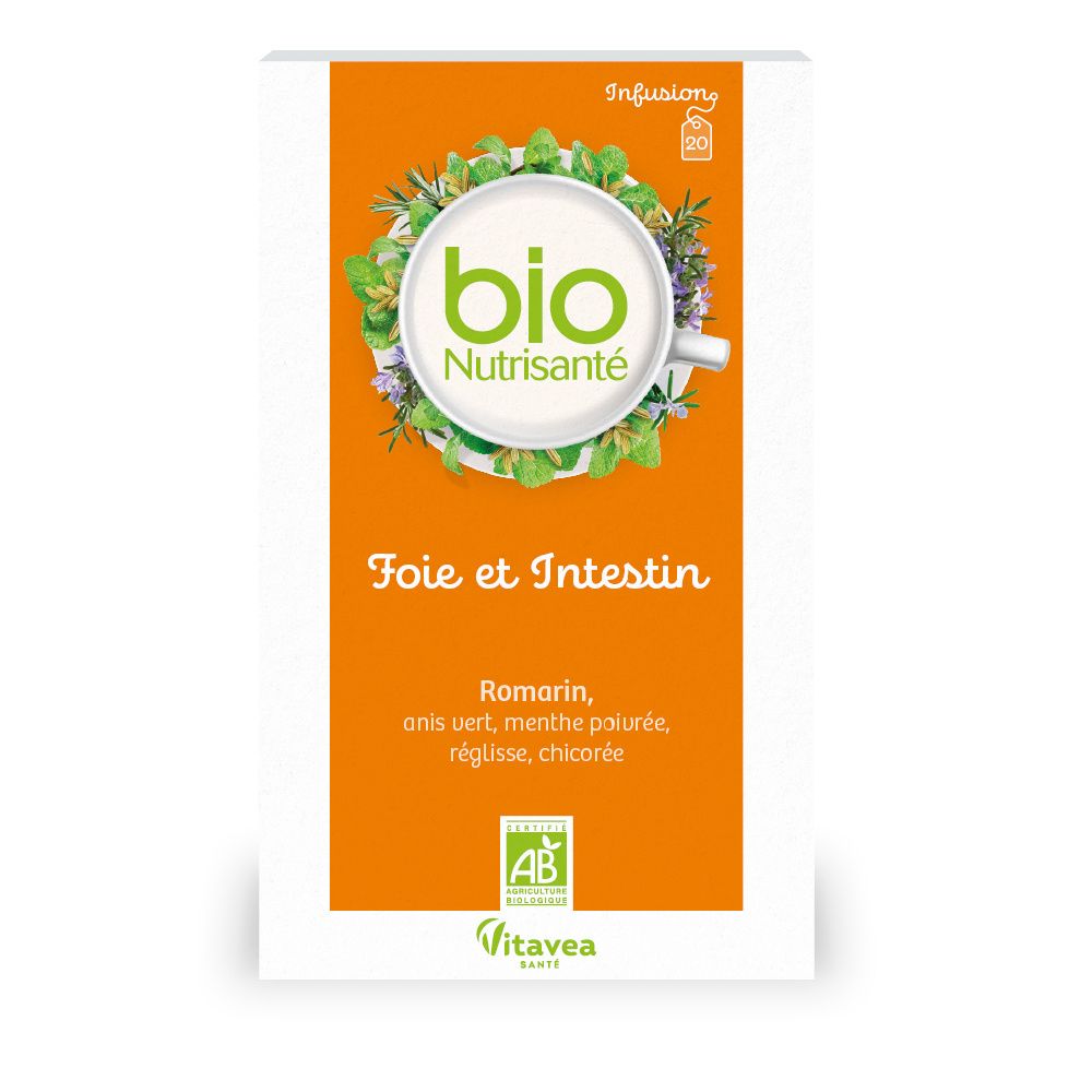 Verpakking kruidenthee. Opschrift: BIO Nutrisanté, Fois et Intestin. Met AB-label.