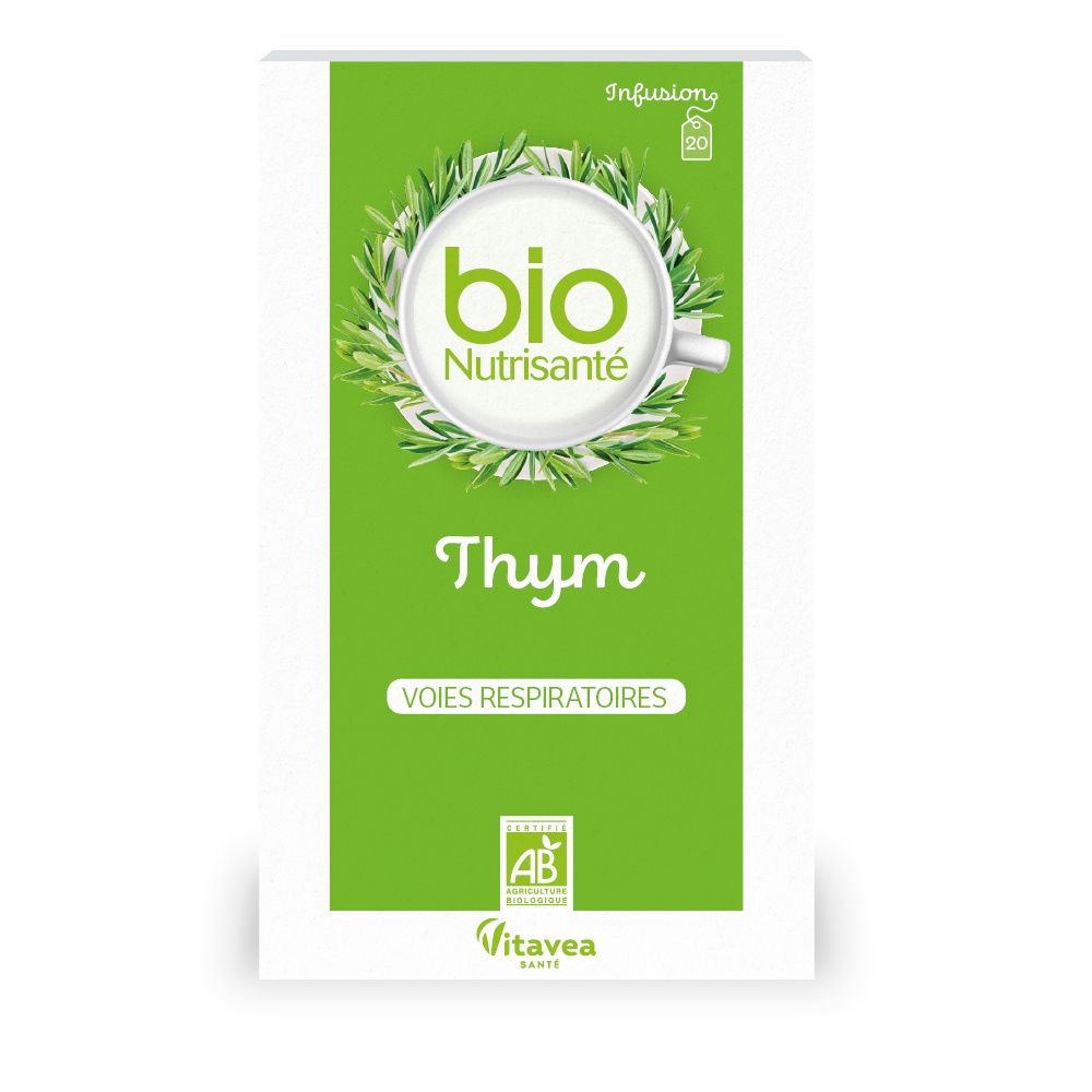 Confezione Nutrisanté Bio Thymian. Scatola verde e bianca, logo, testo e certificazione AB.
