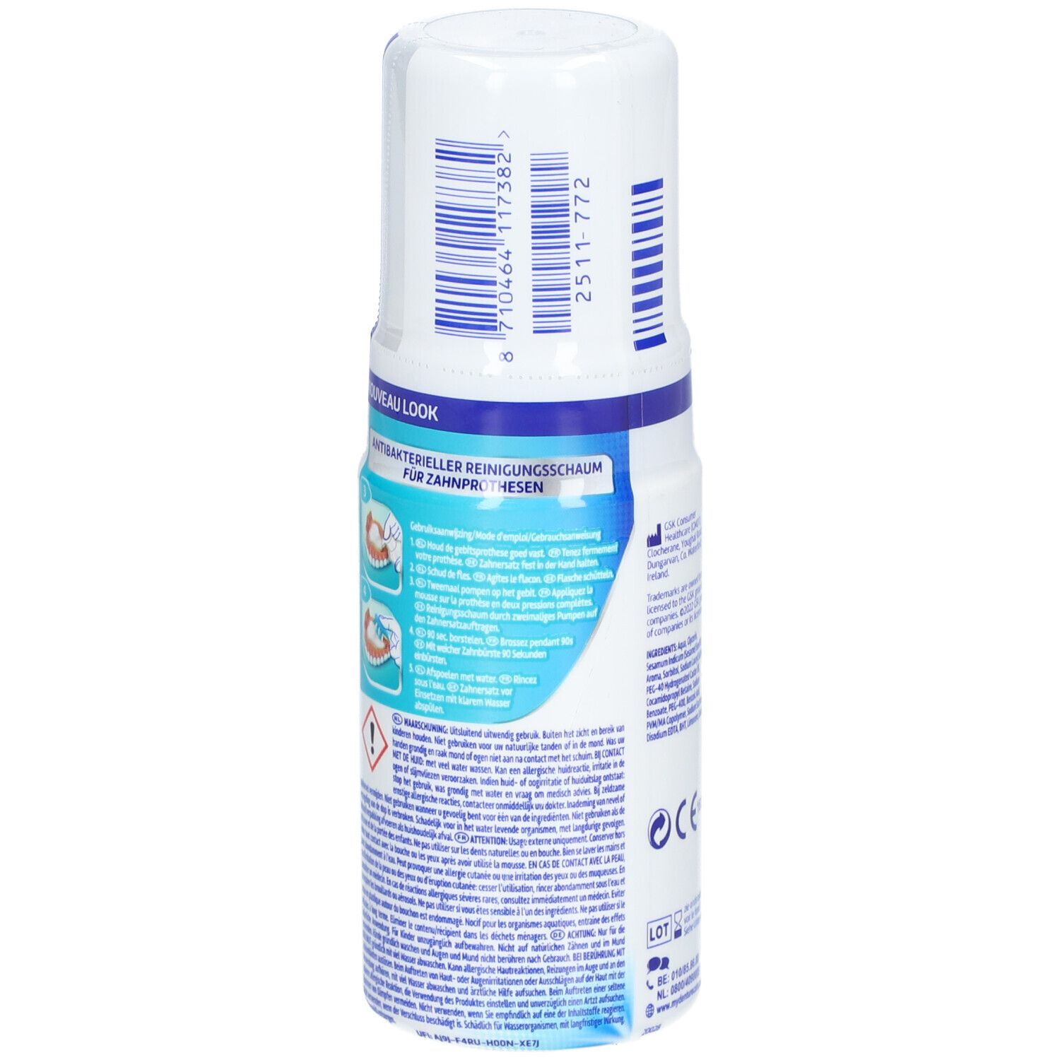 Achterkant van de fles met productinformatie en pictogrammen. Blauwe en witte kleuren.