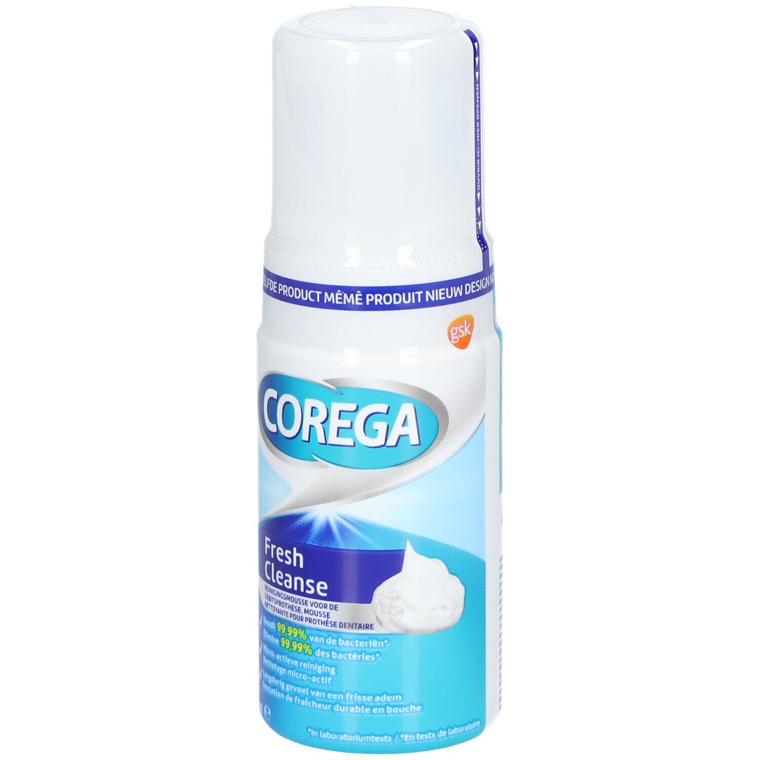 Reinigingsmousse fles met productnaam en logo. Blauwe en witte kleuren. Schuimsymbool.
