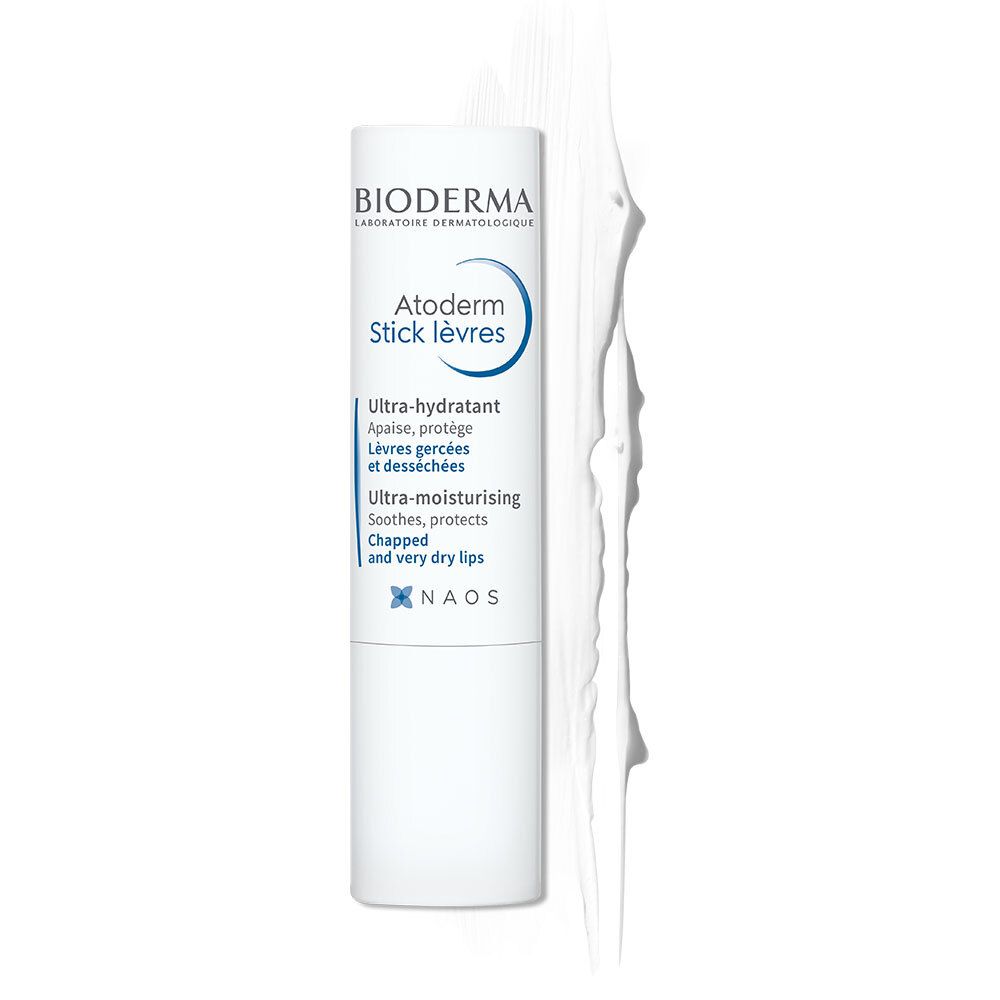 Stick à lèvres blanc avec texte bleu et crème blanche à côté. Marque : BIODERMA. Texte : Atoderm Stick lèvres.