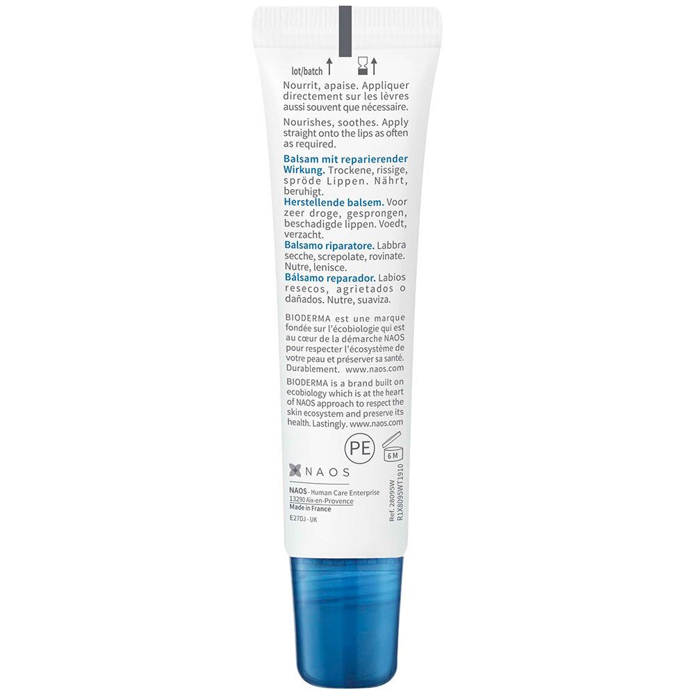 Achterkant van de Bioderma Atoderm Lèvres lippenbalsem tube. Bevat tekst in meerdere talen.