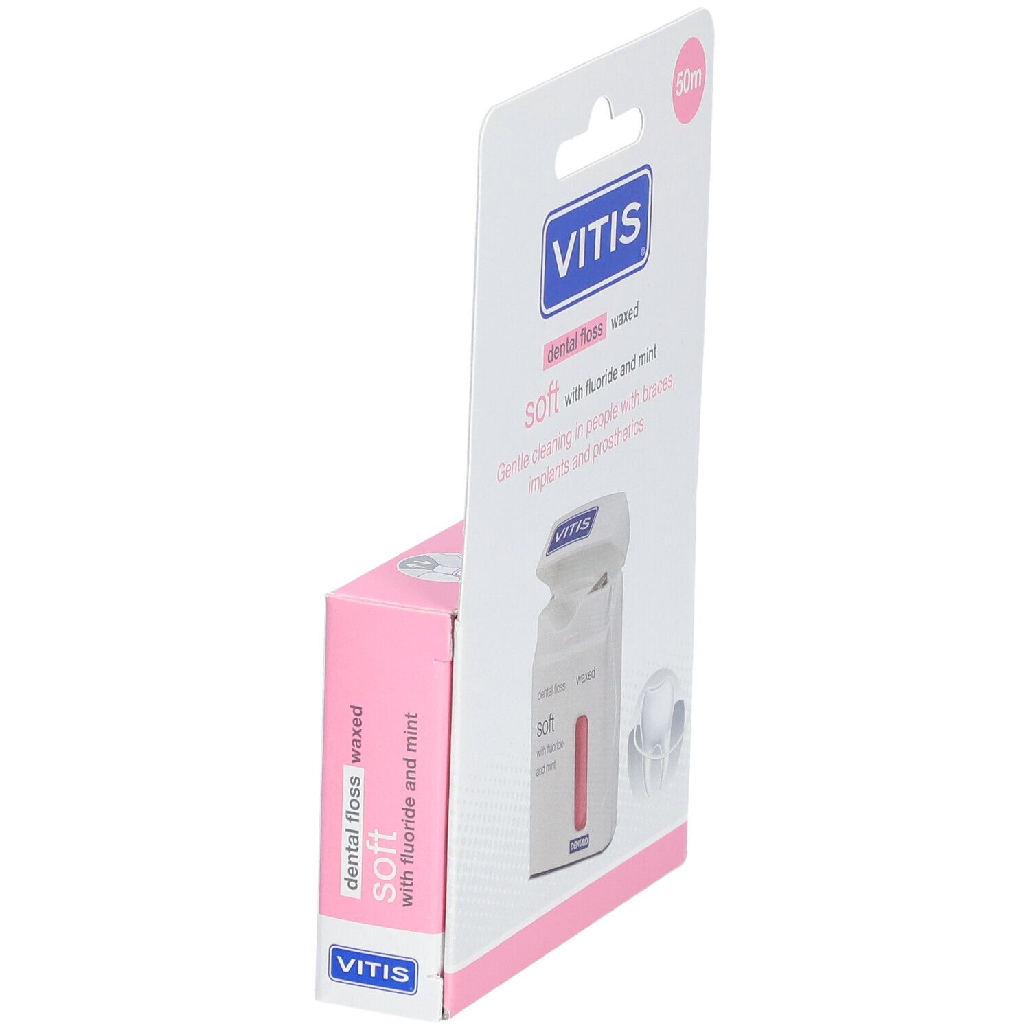 Emballage de fil dentaire VITIS. Doux, ciré, au fluorure et à la menthe. Emballage rose, vue du produit.
