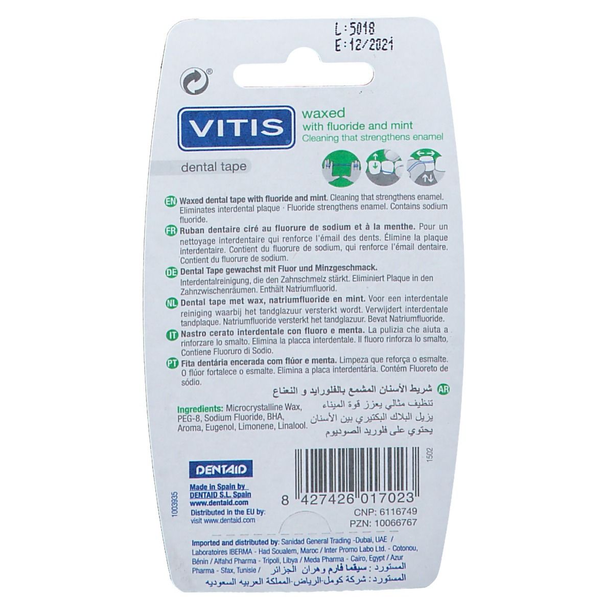 Rückseite der Vitis gewachstes Tape Verpackung. Text: Vitis, dental tape, waxed with fluoride and mint. Inhaltsstoffe, Herstellerinformationen, Chargennummer.