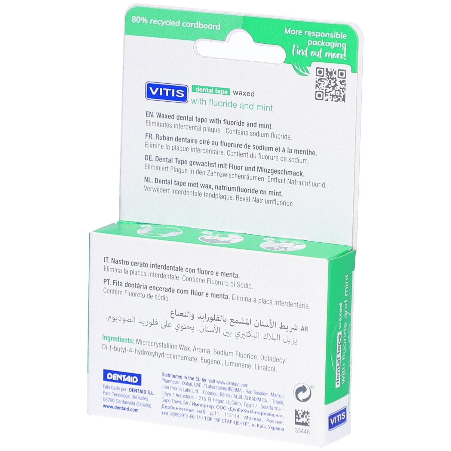 Rückseite der Vitis-Zahnpflegeverpackung. Text in mehreren Sprachen. Enthält Informationen zu Inhaltsstoffen und Recycling.