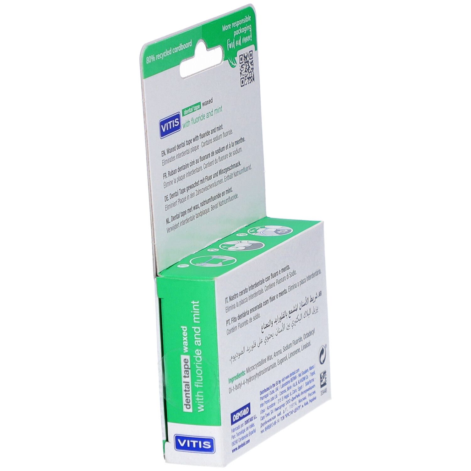 Vitis gewachstes Tape, Verpackung. Grüne und weiße Verpackung. Aufschrift: dental tape waxed with fluoride and mint.