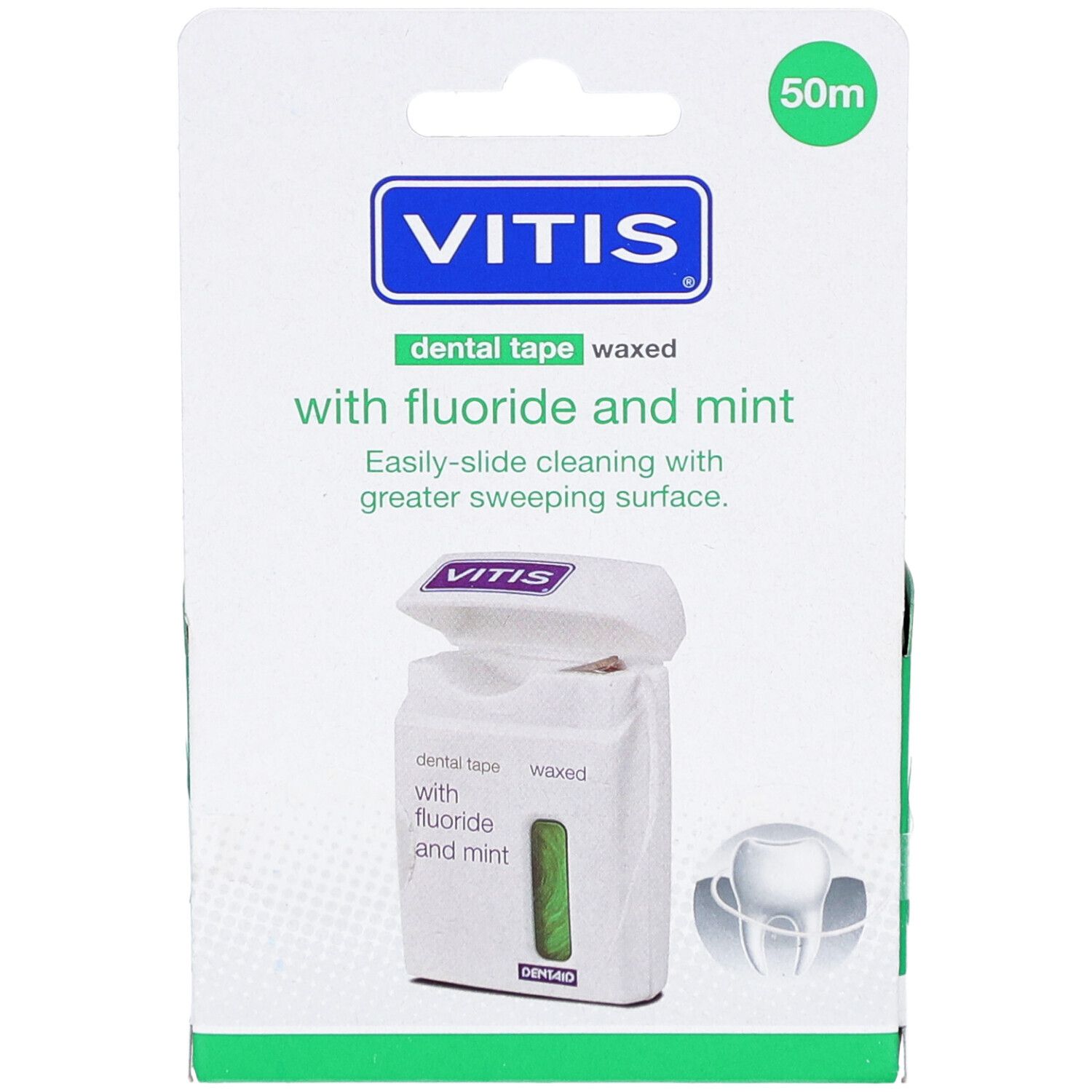 Vitis gewachstes Tape, Verpackung. Weißes Band mit grünem Streifen. Aufschrift: Vitis, dental tape waxed with fluoride and mint.
