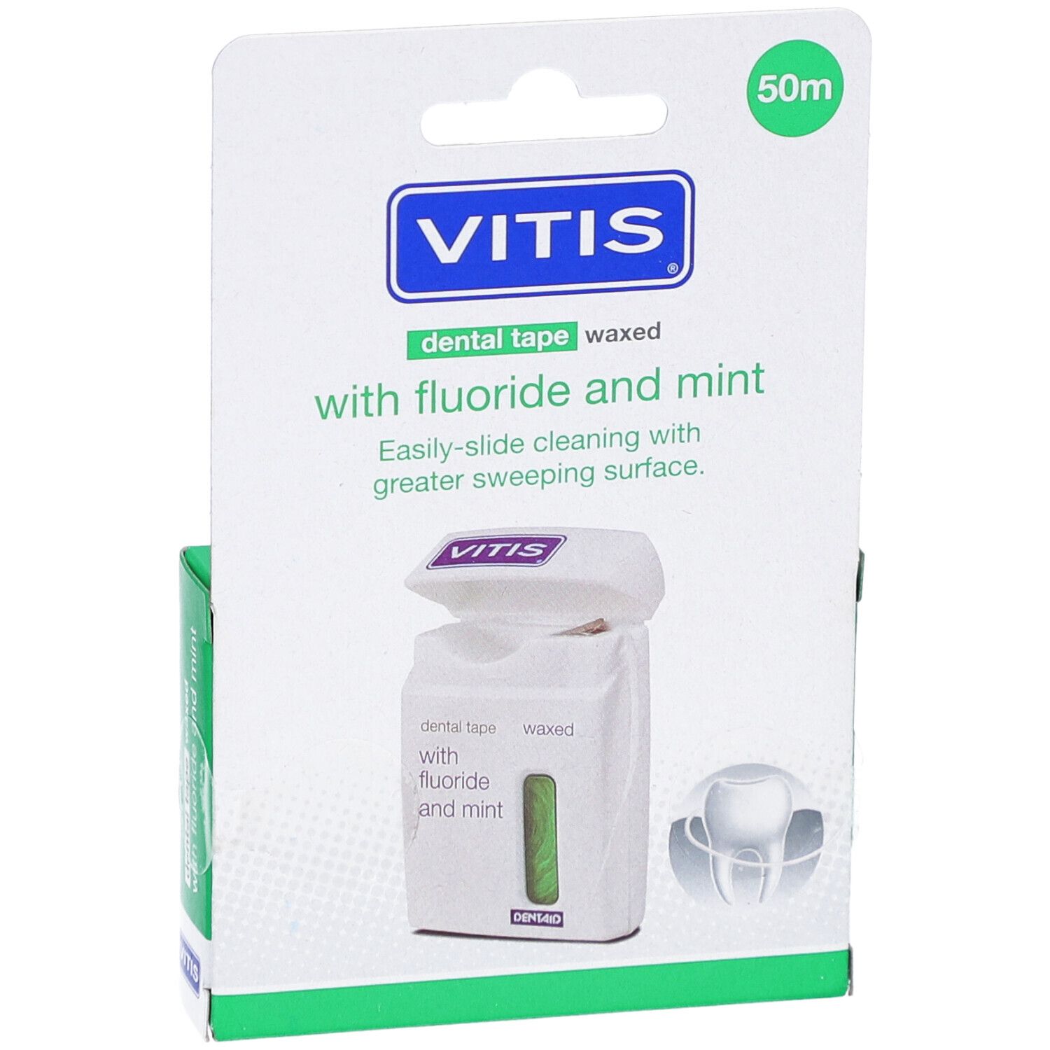 Vitis gewachstes Tape, Verpackung. Weißes Band mit grünem Streifen. Aufschrift: Vitis, dental tape waxed with fluoride and mint.